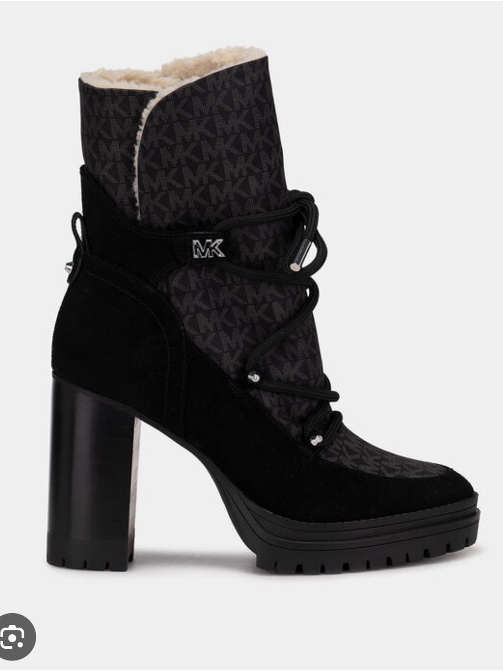 Michael Kors Black Suede & Logo Platform Ankle Boots with Shearling Trim